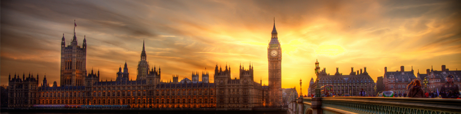 View of London city skyline at sunset